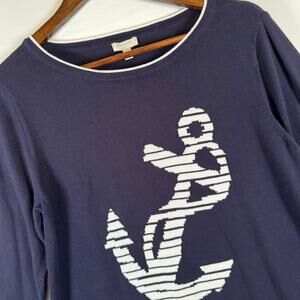 Talbots Women’s M Cotton Anchor Sweater Blue 3/4 Sleeve Nautical Coastal Grandma